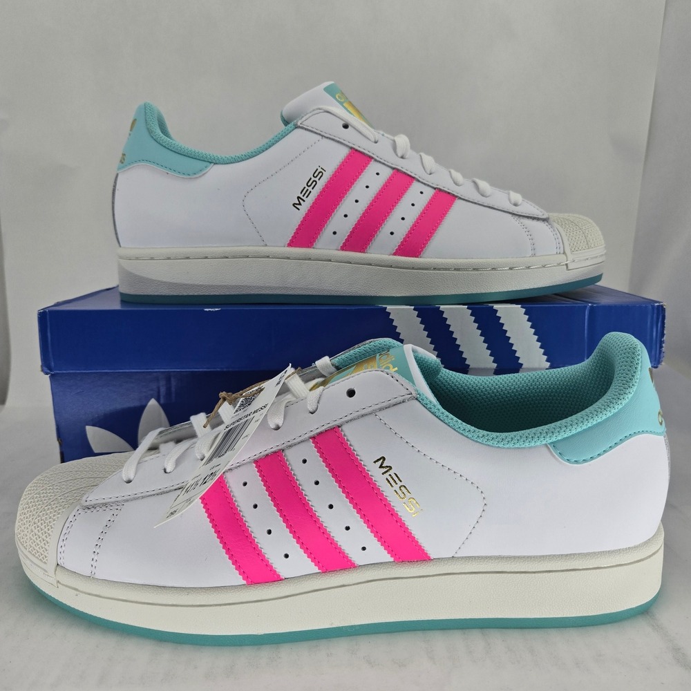 Adidas Superstar Messi JR1979 White Pink Aqua Blue Shell Toe Shoes Mens 11.5